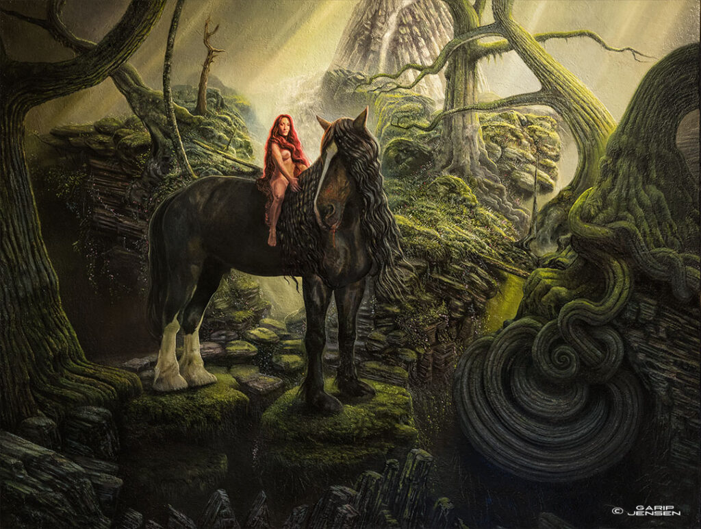 My Lady Godiva - Oljemåleri i Fantasy-stil av Garip Jensen. En naken kvinna i långt rött hår på en shire-häst i ett fantasilandskap.