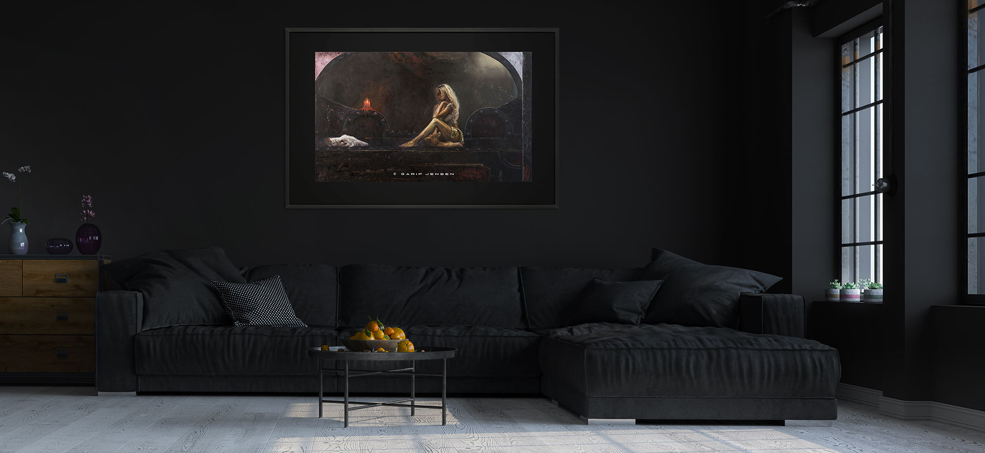 Målerikonst - inspiration på Black & Design. Motivet "Amina" hänger på väggen i ett elegant rum.